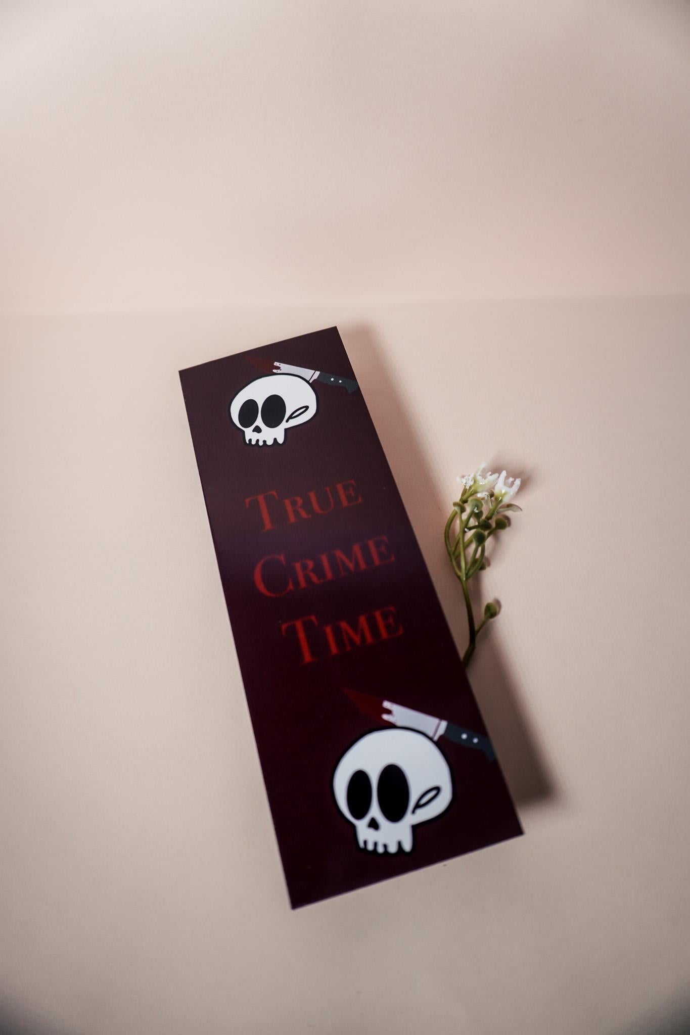 True Crime Bookmark – "True Crime Time" Skull and Knife Bookmarker – Spooky Aesthetic Reading Gift – Glossy Red & Black Bookish Accessory