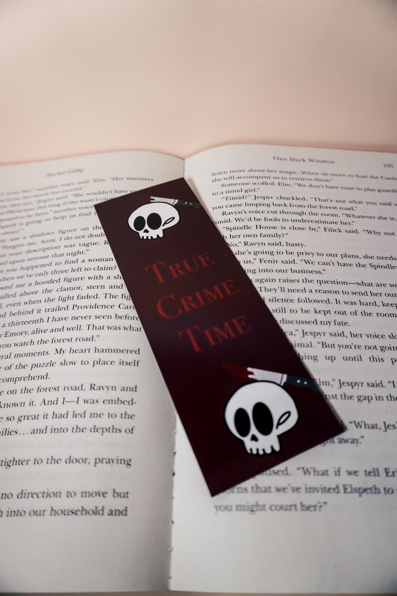 True Crime Bookmark – "True Crime Time" Skull and Knife Bookmarker – Spooky Aesthetic Reading Gift – Glossy Red & Black Bookish Accessory