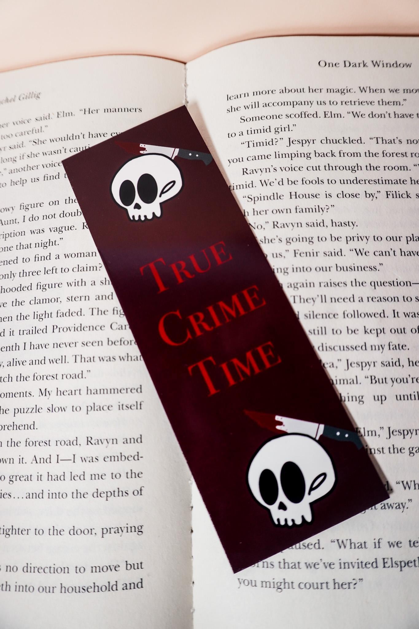 True Crime Bookmark – "True Crime Time" Skull and Knife Bookmarker – Spooky Aesthetic Reading Gift – Glossy Red & Black Bookish Accessory